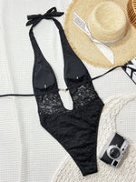 DEKA Black Lace Swimsuit Sexy Women One Pieces Swimwear Female Hollow Monokini Halter Bathing Suit Beachwear Solid Bodysuit