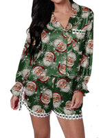 Womens Satin Christmas Pajamas Sets Print Button Up Long Sleeve Lapel V Neck Tops and Shorts Lounge Wear 2 Pieces Suits
