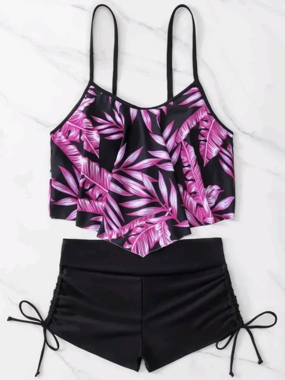 New Green Orange Ruffle Tankini Sets Swimwear High Waist Women Two Pieces Swimsuit Summer Drawstring Sporty Shorts Bathing Suits