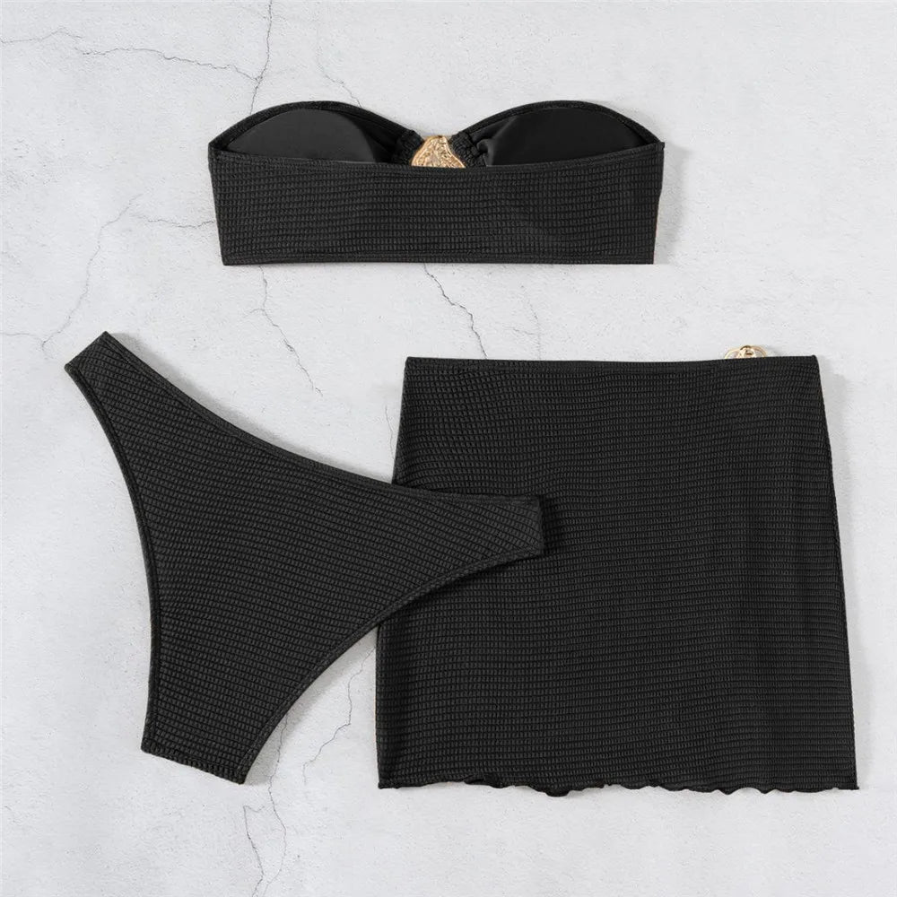 Brown Solid Swimwears Strapless Bandeau Bikinis Sets 3 Pieces Cover Up Sexy Swimsuit Woman 2026 Metal Buckled Bikini Beachwear
