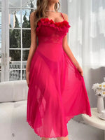 Women White Lace Ruffle Spaghetti Strap Midi Dress Ruched Flowy Wedding Guest Evening Party Dress