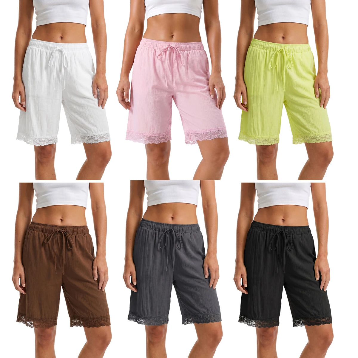 Fashion Women's Loose Shorts Drawstring Elastic Waist Lace Trim Wide Leg Mid Pants Summer Casual Lounge Out Going Shorts