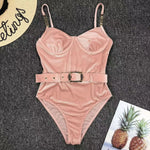 2024 New Sexy Velvet One-Piece Black Bikini Belt Swimsuit Women Solid Push Up Swimwear Female Brazilian Beach Bathing Suit
