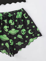 Sexy Alien Print Sling Sleepwear Women's Pajamas Set V-Neck Pyjamas Female Homewear Sleeveless CuteTop And Shorts