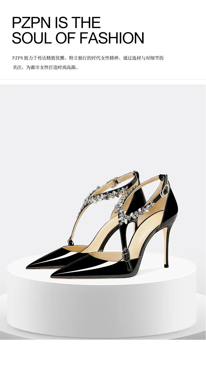 Rhinestone High Heels 2025 Summer Versatile Pointed Heel One-word Buckle Bag Head Sandals Women Black Strap High Heel Sandals 45