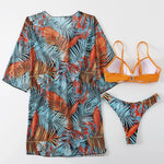 2025 Three Pieces Bikini Set Cover Up Swimwear Women Swimsuit Print Long Sleeve Push Up Bathing Suit Beachwear Swimming Biquini