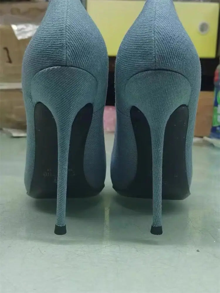 Women Denim Stiletto High Heels Pointed Toe Pearl Decor Pumps Elegant Ladies Slip On Dress Party Wedding Heeled Shoes