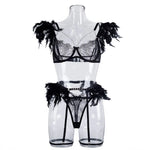 Toucheart 4 Piece Set Fun Lingerie For Women Feather Lace Splicing Chain Sexy Slim Mesh See-Through Sexy Lingerie Garters Suit
