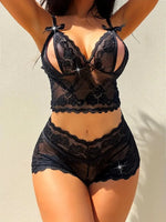 Floral Hollow Bra Lace Pajama Romper Sexy Trim Teddy Women's Cute Longewear Sling Deep V Sleepwear Crotchless Underwear Costume