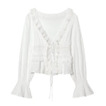 Women's Fashion Embroidered Tulle Blouse White Lace Ruffle Trim Tie Front Blouse Sleeve V Neck Casual For Women Daily Wear F4FI