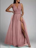Elegant Solid Color Fine Sparkle Party Dresses Women Temperament V-neck Leace-up Mesh Slit Long Dress Evening Vestidos Female