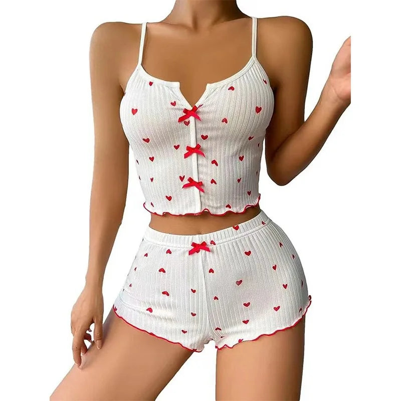 Women's Pajamas Set Sleepwear 2 PCS Short Tank Tops And Shorts S M L White Ventilate Soft Casual Love Printing