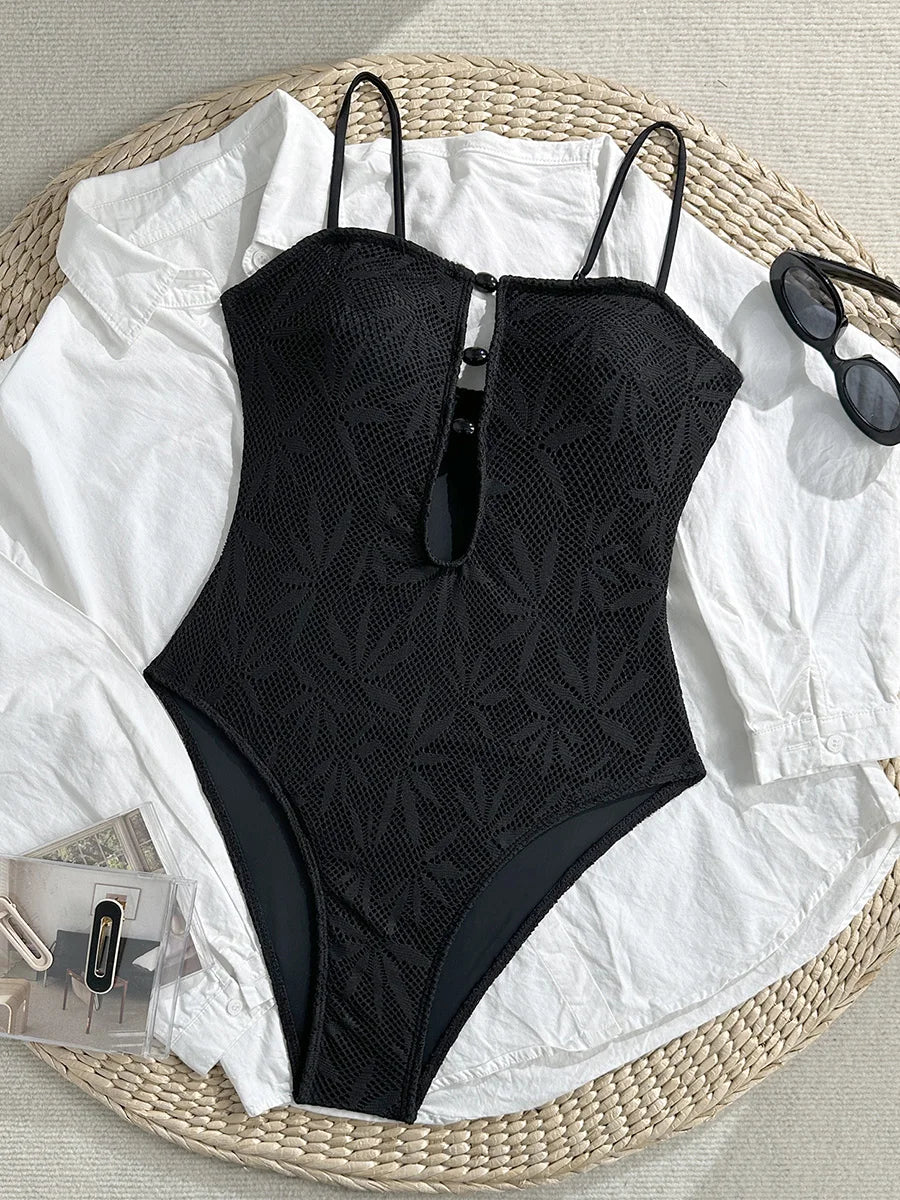 Leaves Printed Mesh Hollow Out Women Swimwear One Piece Swimsuit Female Monokini High Leg Cut Bather Slim Bathing Suit Swim Lady