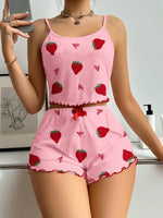 Sleepwear Women's Pajama Set Cherry Print Frill Trim Ribbed Round Neck Backless Crop Cami Top & Shorts Lounge Set