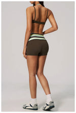 Breathable Striped Patchwork Yoga Clothing Women Fake Two-piece Sports Bra Folding High Waist Shorts Gym Running Fitness Suit