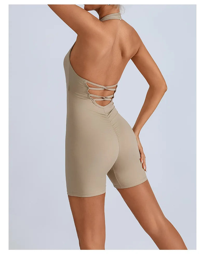 Summer Yoga Jumpsuit Back Hollow Out Bandage Pleate Pocket Shorts Sports One Piece Suits Butt Lifting Fitness Workout Bodysuit