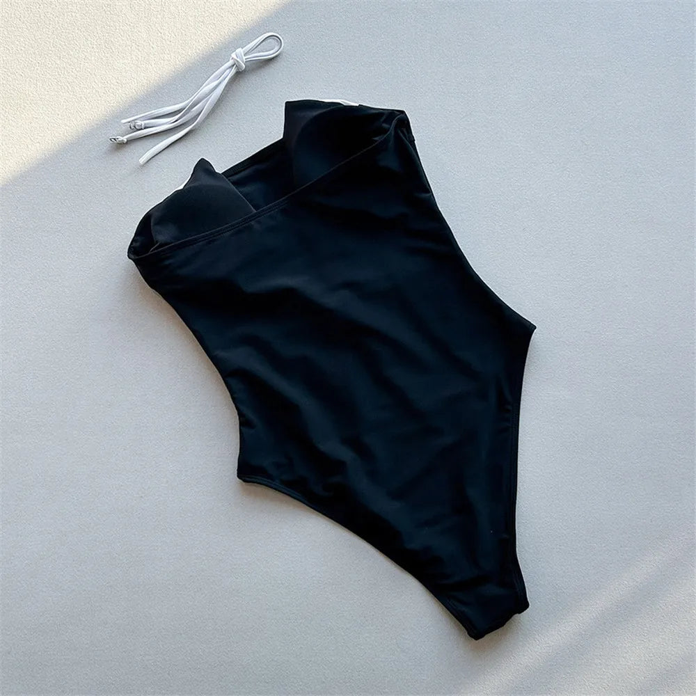 Sexy Black White Patchwork Swimwear One Piece Swimsuit Woman 2026 Strapless Bodysuit High Cut Swimming Wear Bathing Suit Bather