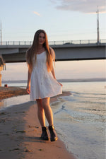 White lace embriodery summer beach dress women elegant hollow out lace up short dress off shoulder puff sleeve sheer dress 2025