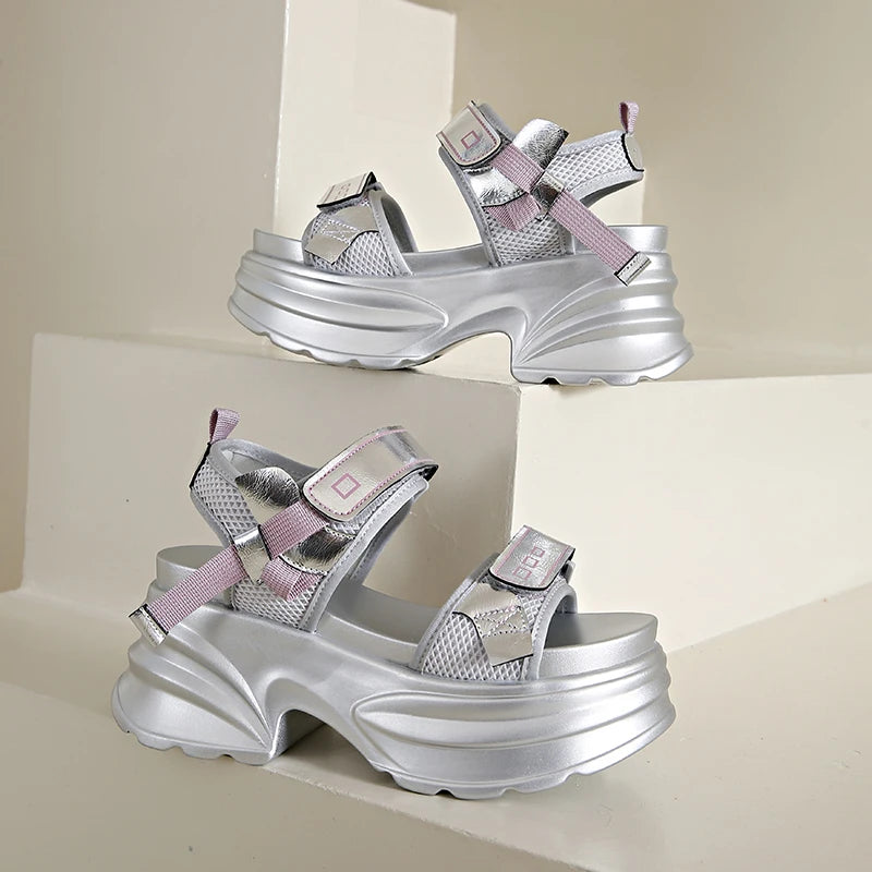 Silver Chunky Platform Sandals for Women Summer Wedge Heels Sport Sandals Woman Comfortable Thick Bottom Casual Sandles Female