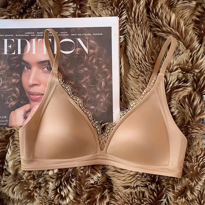 Glossy Satin Seamless Underwear Everyday BraWomen's Deep V-neck Thin Shoulder Strap Thin Bra for Women Bralette