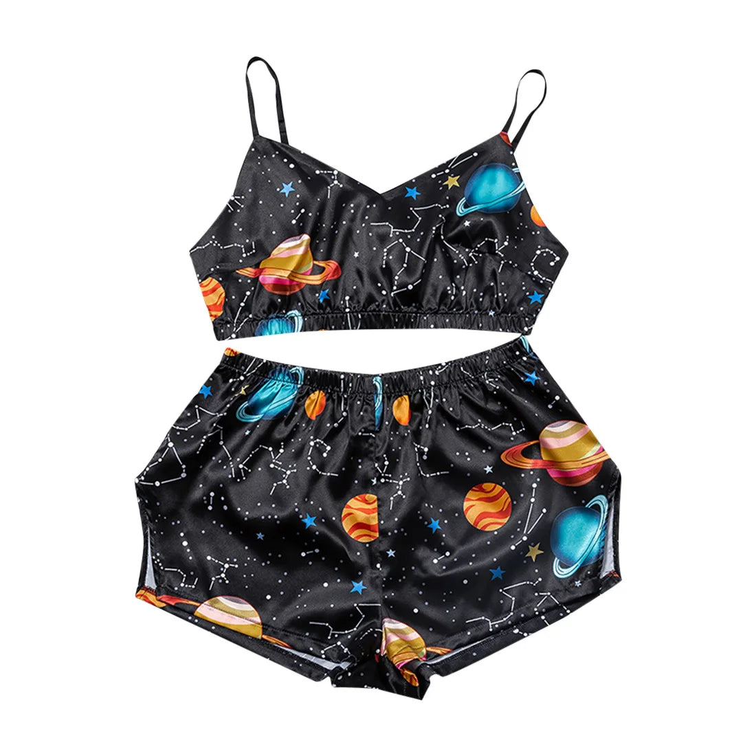 Women's Printed Satin Camisole & Lace Trim Shorts Set – Sexy Loungewear | European & American Bestseller