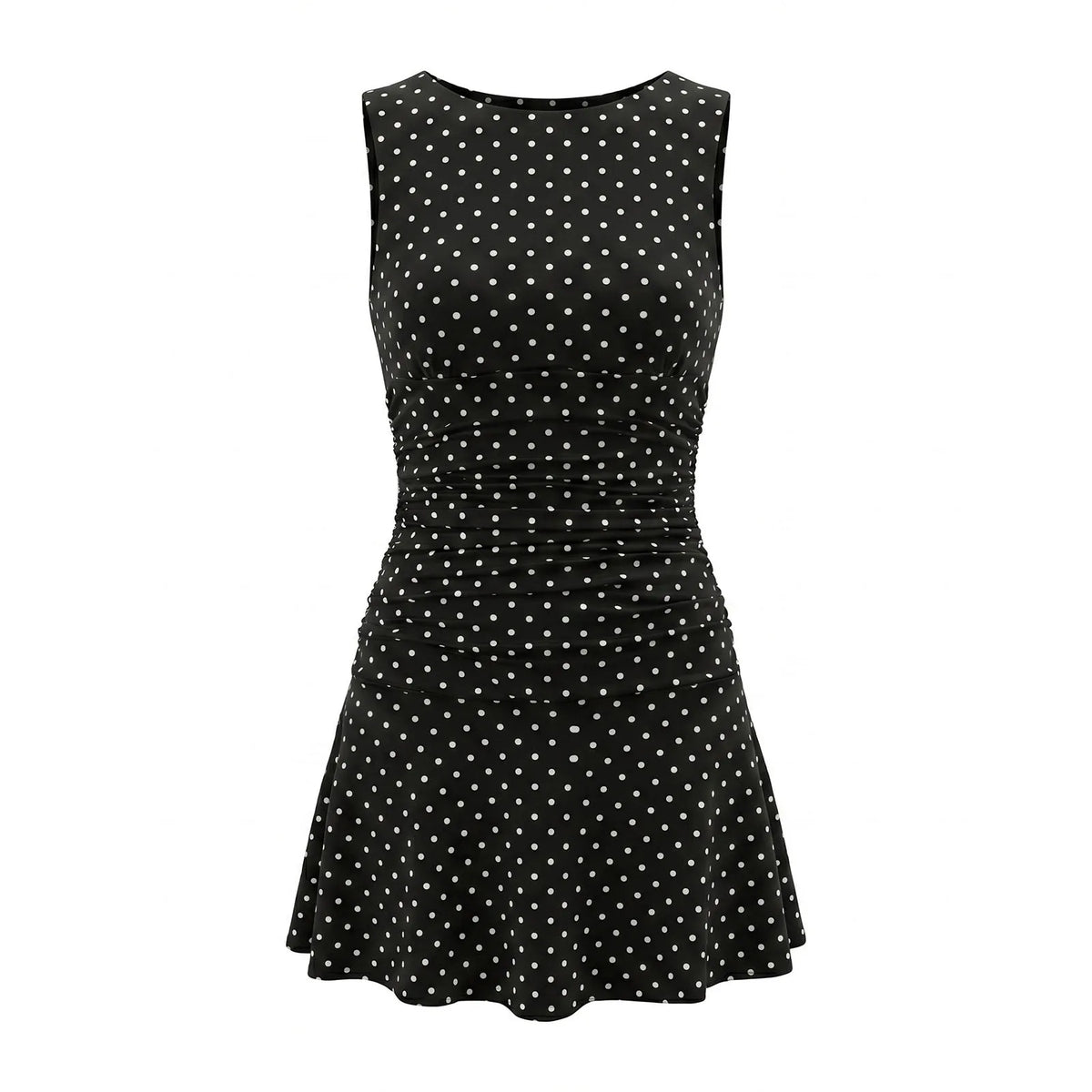 2026 Fashion Women Tank Dress Dots Print/Solid Color Sleeveless Slim Fit Ruched Short Dress for Daily Office Party
