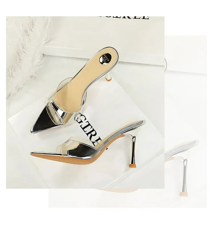 BIGTREE Shoes Women PVC Transparent Shoes for Women Sexy Pointed Open Toe Shallow Slider Slippers Ladies Sandal High Heels Mules