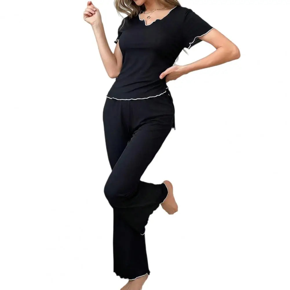 2Pcs Summer Women Pajama Set Slim Fit Short Sleeves V Neck Top Elastic Waist Long Pants Trousers Ladies Sleepwear Loungewear