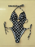 Sexy Black Polka Dot Print Swimwear Women 2026 Hollow Out Backless Tie Side Thong Bikini Bathing Suit Holiday One Piece Swimsuit