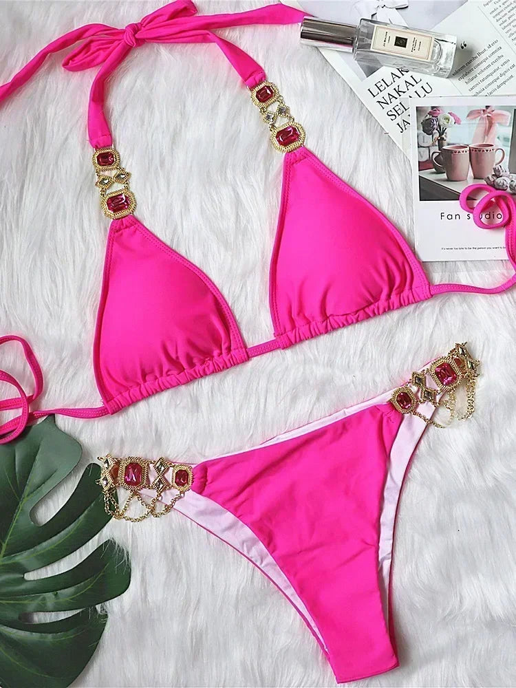Halter Crystal Rhinestone Diamond Bikini 2026 Female Swimsuit Women Swimwear Two Pieces Bikini set Brazilian Bathing Suit Swim
