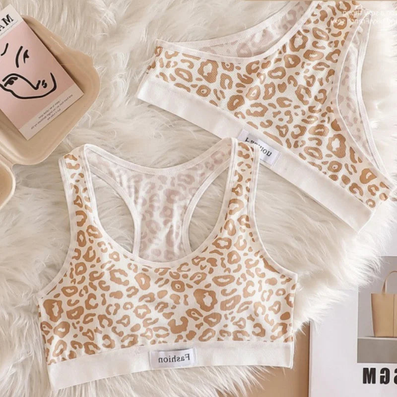 Seamless Bra Set Women Leopard Y-Shape Wireless Bra Low Waist Panties Sexy Lingerie Sport Brassiere Female Underwear Set