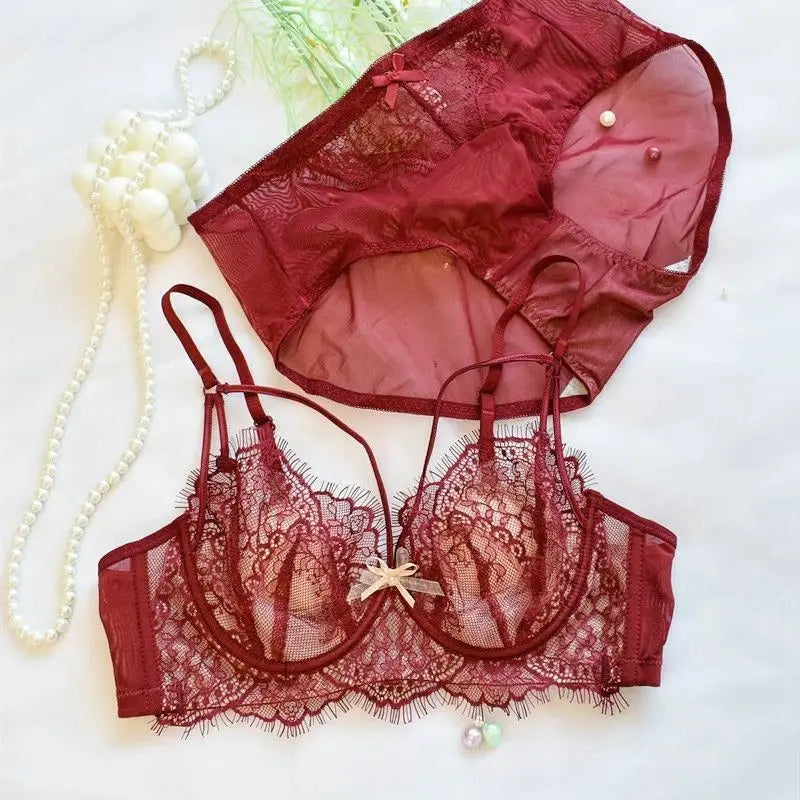 Push Up Bra SetFrench Lace Underwire Comfortable Luxury Breathable Brief Sets Lightweight Bow Semi Transparent Lingerie Set