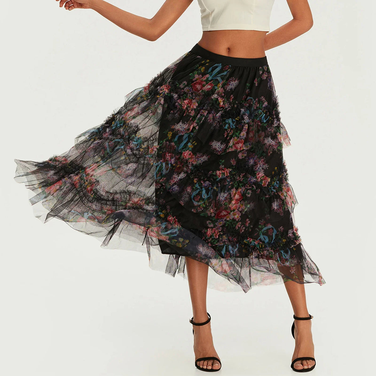 Early Fall Floral Print Ruffle Mesh Skirt Women Irregular Flowy A-line Midi Skirt for Travel, Beach, Shopping
