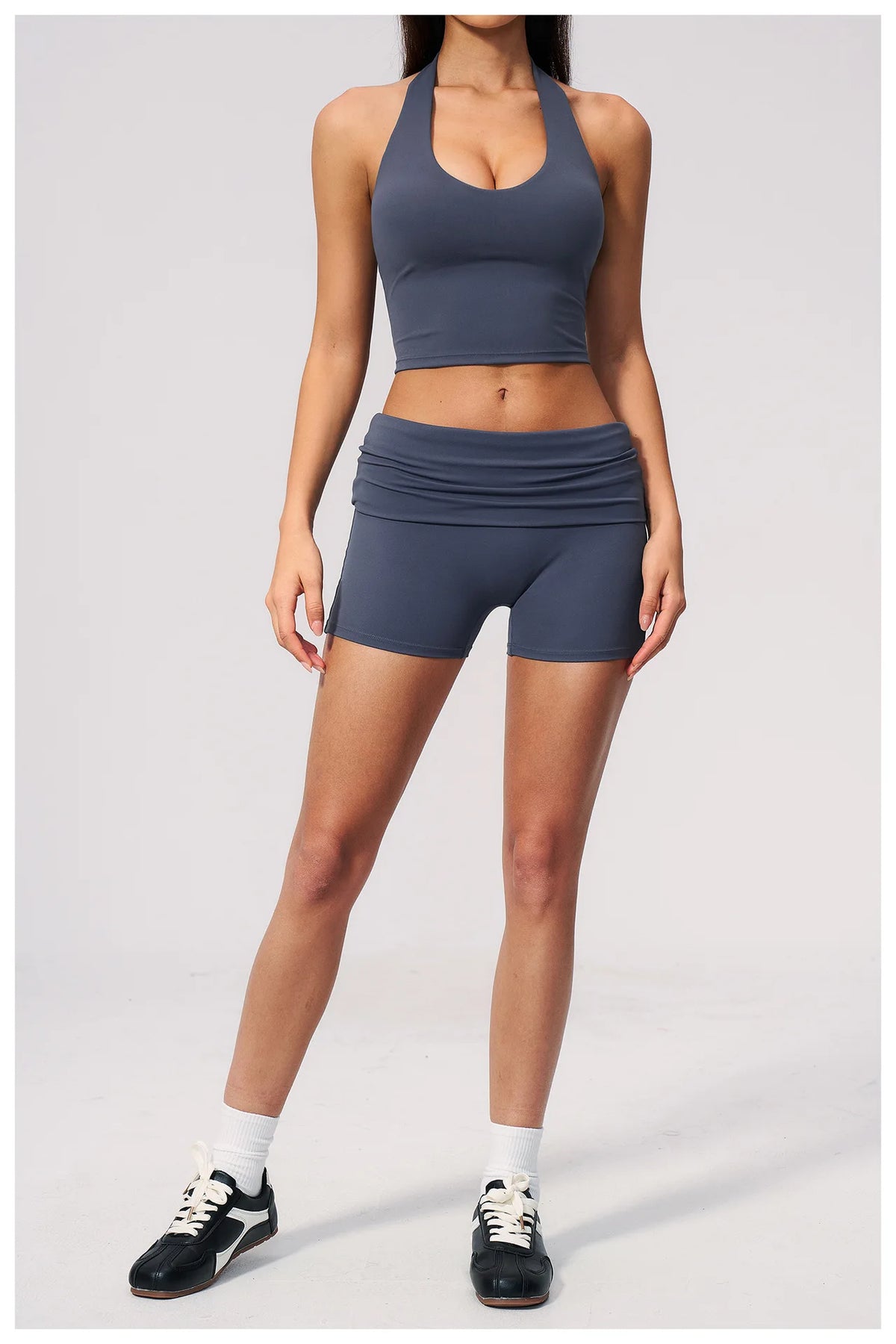 2PCS Yoga Set Women V-neck Cross Neck Shock-absorbing Sports Vest Workout Pleate Flip High Waist Shorts Gym Runing Fitness Suits