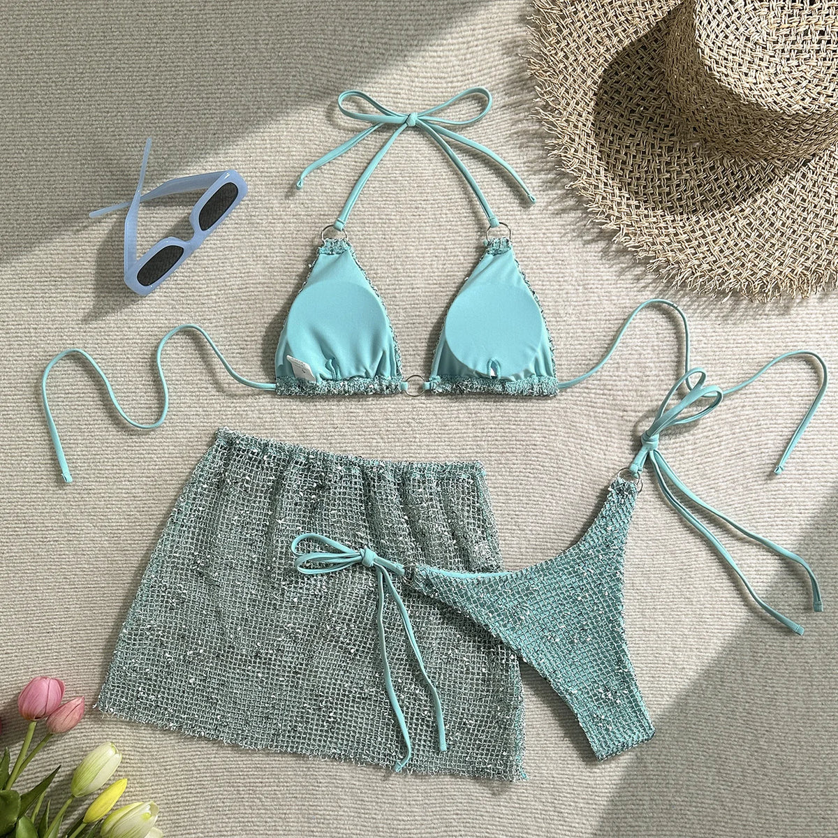 With Mesh Sarong Skirt Halter Bikini Women Swimwear Female Swimsuit Three-pieces Bikini Set Fishnet Bathing Suit Swim Beachwear