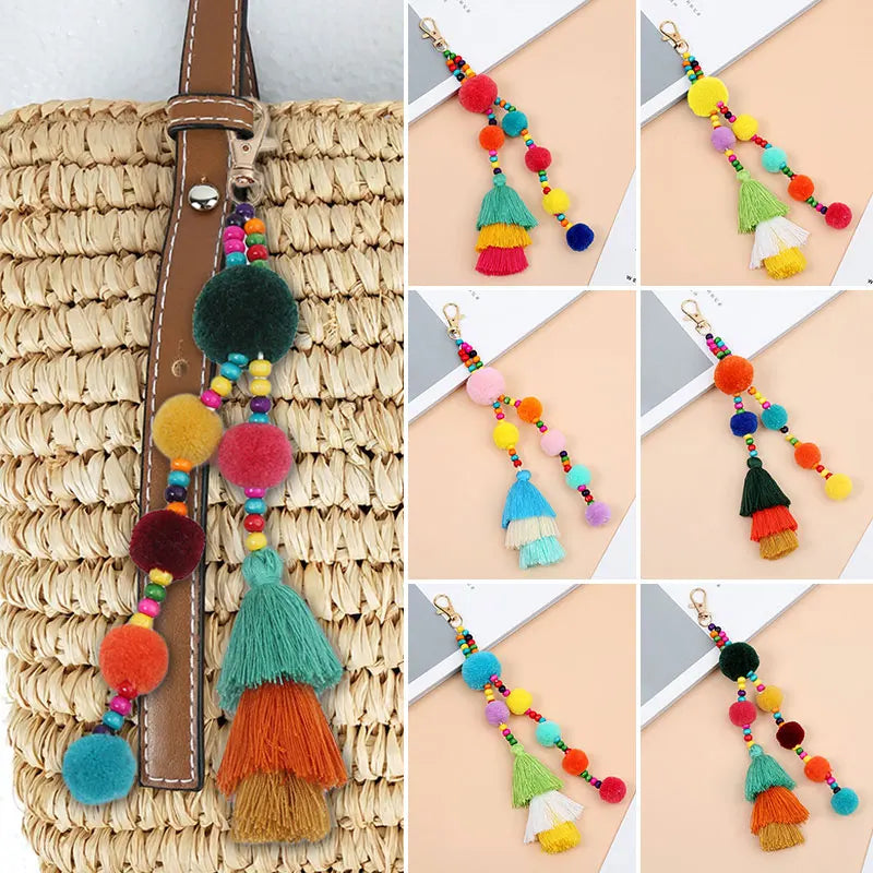Summer Beach Shell Keychain Boho Style Hair Ball Tassel Keychain Colorful Pompom Keyring for Women Bag Hanging Pendants