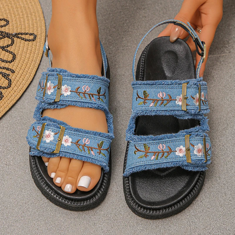 Fashion Flowers Embroidery Platform Sandals Women Plus Size 43 Back Strap Thick Bottom Sandles Woman Anti Slip Summer Sandals