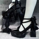 Big Size 42 Black Gothic Cross-strap High Heels Pumps Lolita Bow Tie Chunky Heels Platform Heeled Mary Jane Goth Shoes Women