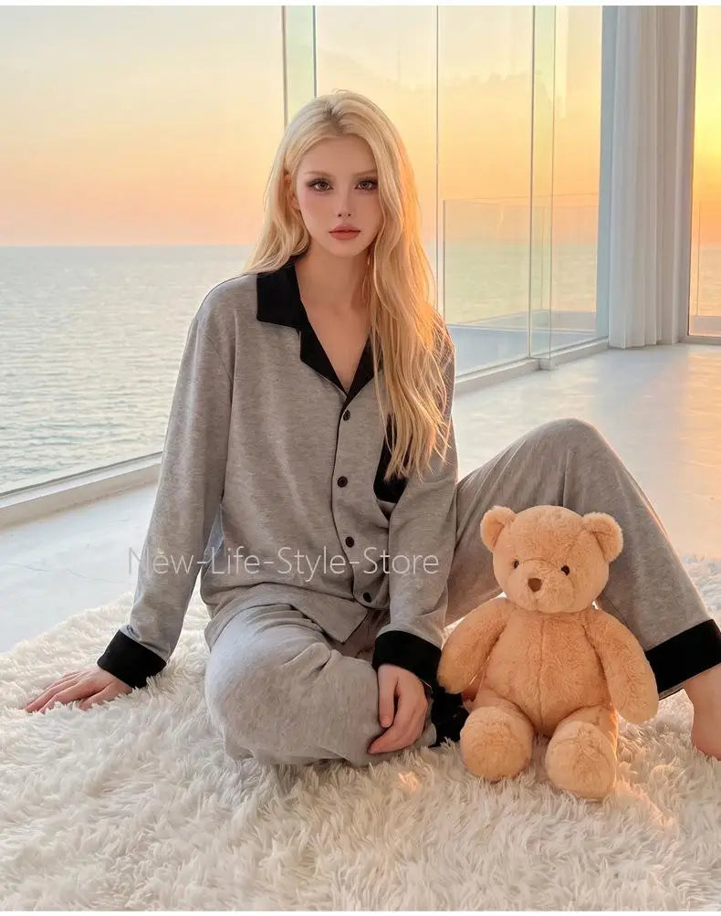 Couple Dralon Pajama Set, Autumn Winter Long Sleeve Long Pants Two Piece Outfit, Soft Skin Friendly Warm Loungewear Men Women