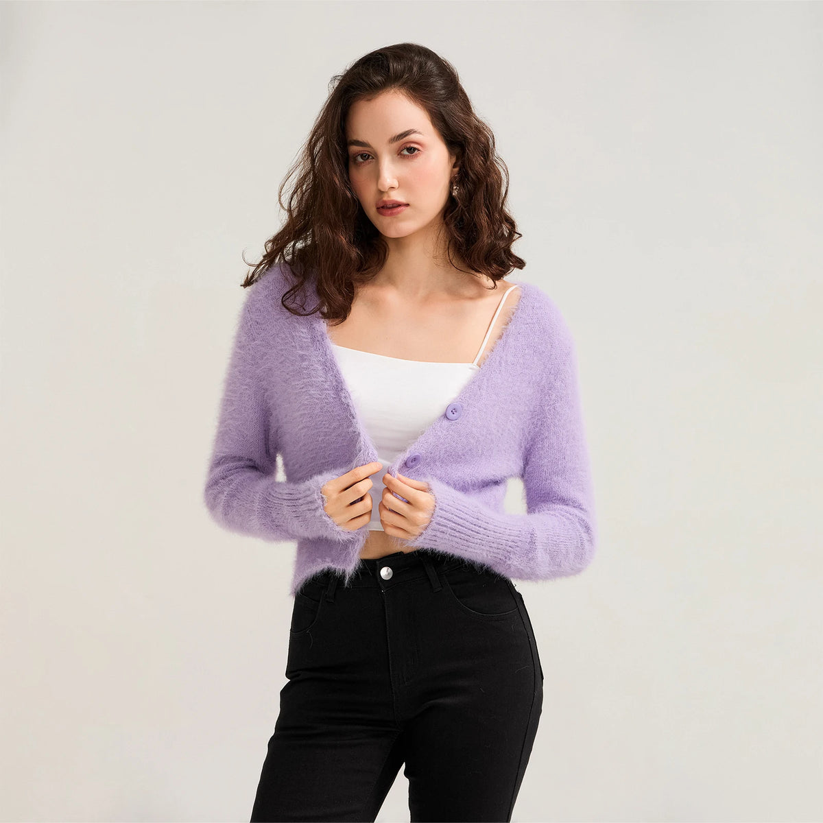Fall Winter Women Button Down Cropped Knit Cardigan Solid Color Knitwear Fuzzy Long Sleeve V-Neck Loose Sweater