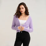 Fall Winter Women Button Down Cropped Knit Cardigan Solid Color Knitwear Fuzzy Long Sleeve V-Neck Loose Sweater