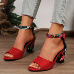 Women 2026Summer Shoes Sqaure High Sandals Vintage Flower Print Open Toe High Heels Woman Casual Buckle Ankle Strap Sandalse