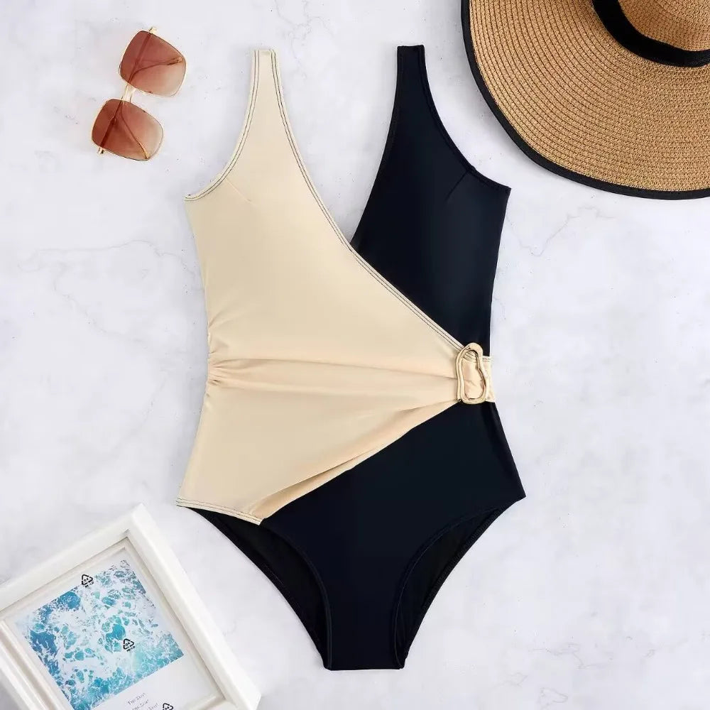 Oval One Piece Swimsuit Female Swimwear Women Patchwork Bathing Suits Summer Beach Wear Tummy Control Monokini Swimming Suit