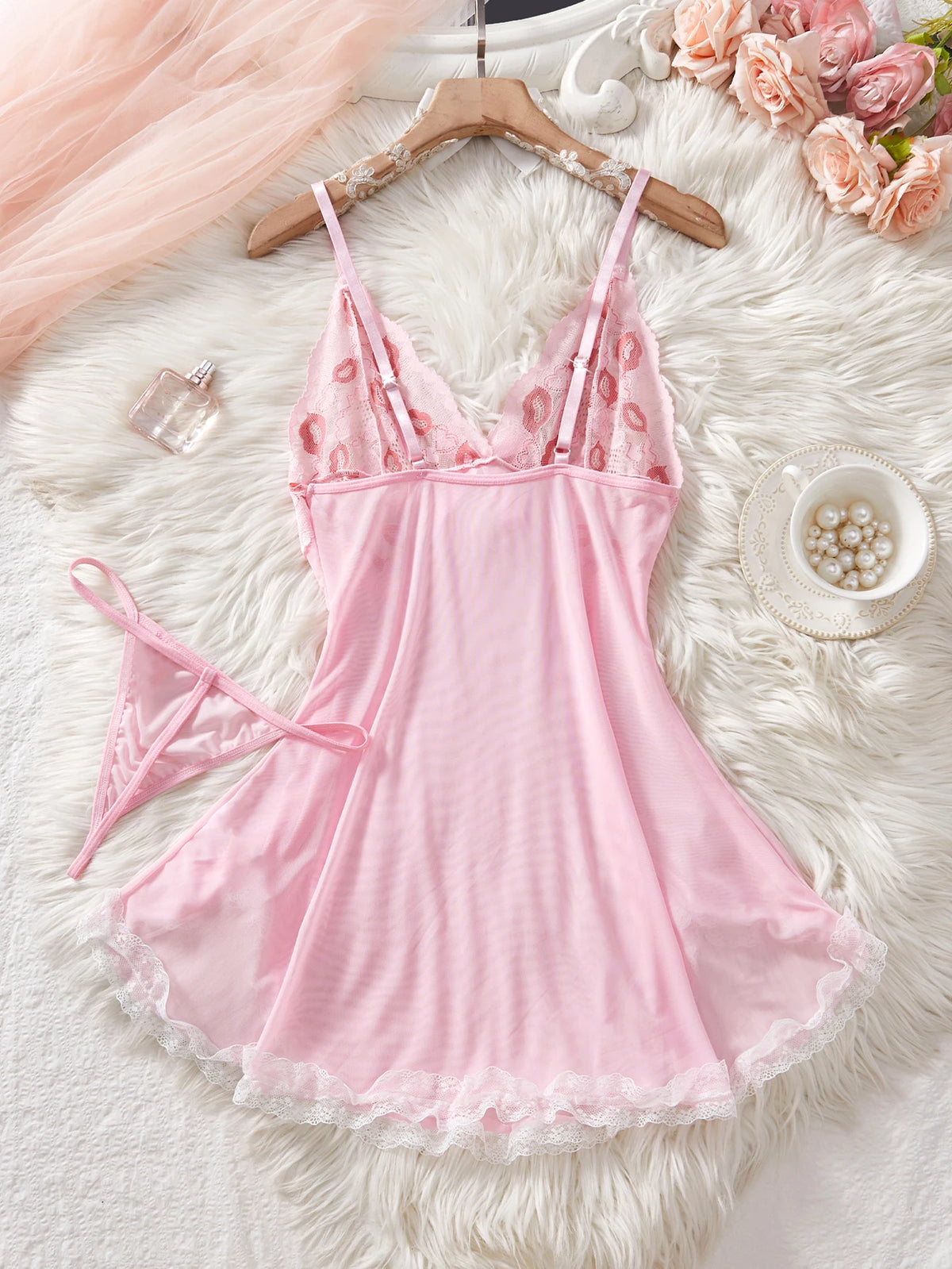 Pink Lips Sexy Lingerie Kawaii Babydoll Dress Women Lace See Through Nightdress Sleepwear Soft V Neck Erotic Pajamas With Thongs