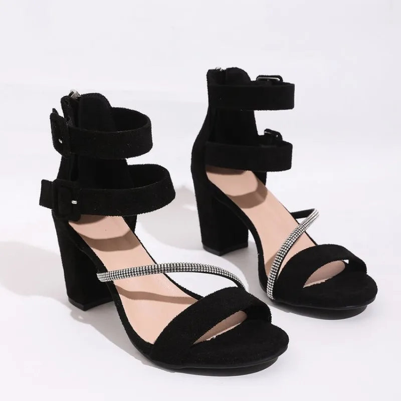 2026Women Shoes Sandals Peep Toe Block Heels Buckle Strap FlockSummer Concise