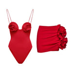 2024 Sexy Sling Ruffle Solid Two Pieces Bikini Women High Waist 3D Flower Swimsuit Skirt Summer Backless Beachwear Bathing Suit