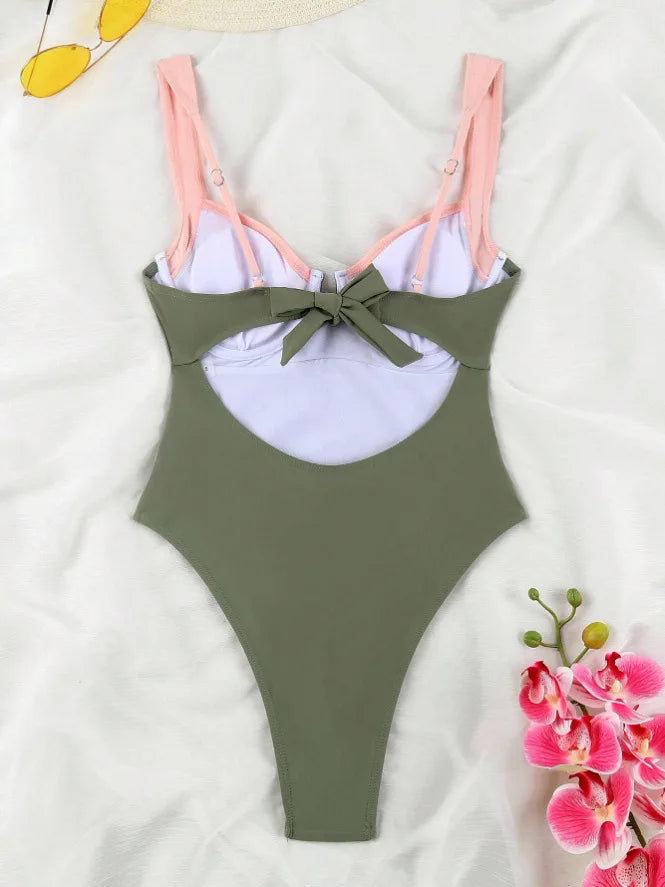 Push Up One Piece Swimsuit Women Backless Bodysuit Black White Swimwear Thong Beach Wear 2025 Contrast Color Bathing Suits Pool