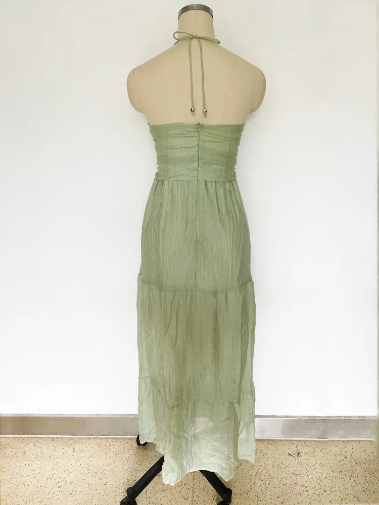 Foridol Backless Sexy Summer Dress for Women Off Shoulder Halter Long Dress Green V Neck Holiday Beach Sundress Party Boho Dress