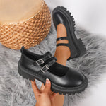 Women Double Strap Mary Janes Faux Leather Lug‑Sole Round‑Toe Vintage Preppy JK Platform Buckle Casual Daily Shoes