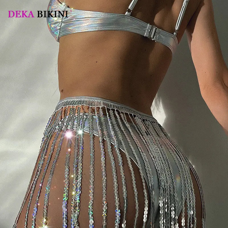 DEKA Shiny Sequins Tassels Bikini Set 3 Pcs Bathing Suit Multi Solid Color Lace Up Halter Neck Swimming Backless Swimsuit